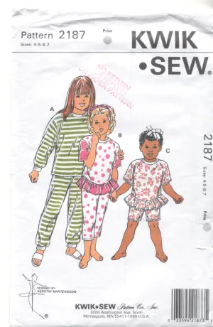 Kwik Sew 2187 Girls Pajamas Vintage 1980's