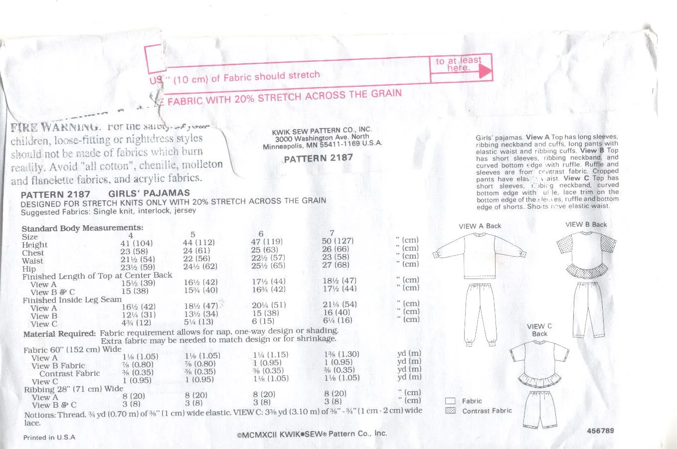 Kwik Sew 2187 Girls Pajamas Vintage 1980's