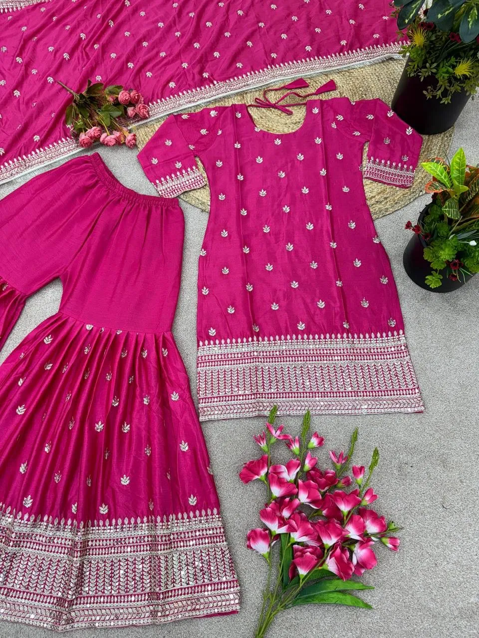 Lovely Pink Colored Pure Chinon With Heavy Embroidery Sequins Work Sharara Suits With Dupatta