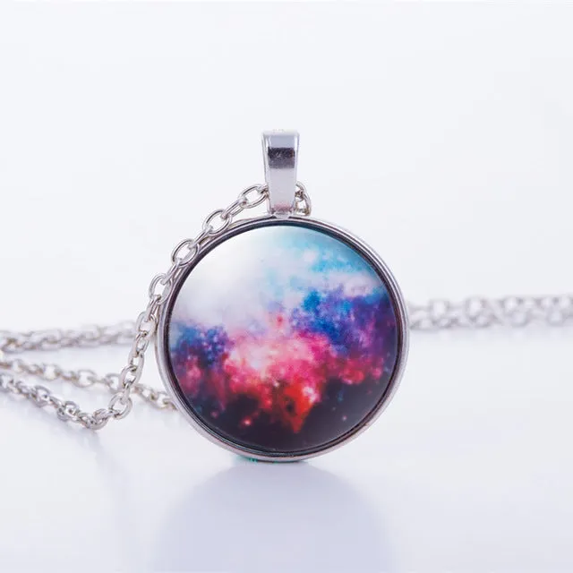 Nebula Space Pendant Necklace Glass Cabochon Sliver Chain Vintage Choker Statement Necklaces Fashion Women Jewelry Gift