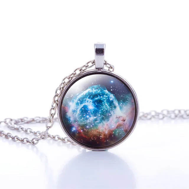 Nebula Space Pendant Necklace Glass Cabochon Sliver Chain Vintage Choker Statement Necklaces Fashion Women Jewelry Gift