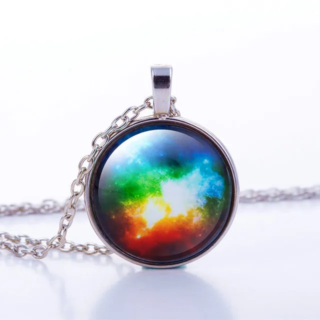 Nebula Space Pendant Necklace Glass Cabochon Sliver Chain Vintage Choker Statement Necklaces Fashion Women Jewelry Gift