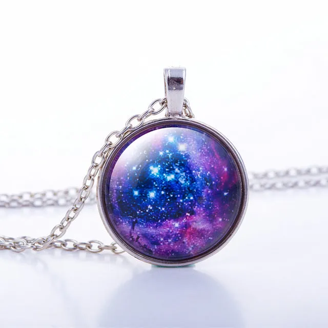 Nebula Space Pendant Necklace Glass Cabochon Sliver Chain Vintage Choker Statement Necklaces Fashion Women Jewelry Gift