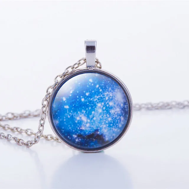 Nebula Space Pendant Necklace Glass Cabochon Sliver Chain Vintage Choker Statement Necklaces Fashion Women Jewelry Gift