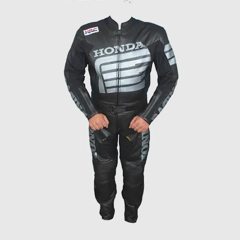 New Premium mens Honda Special Edition Silver Wings Black Leather MotoGP 2pc Suit