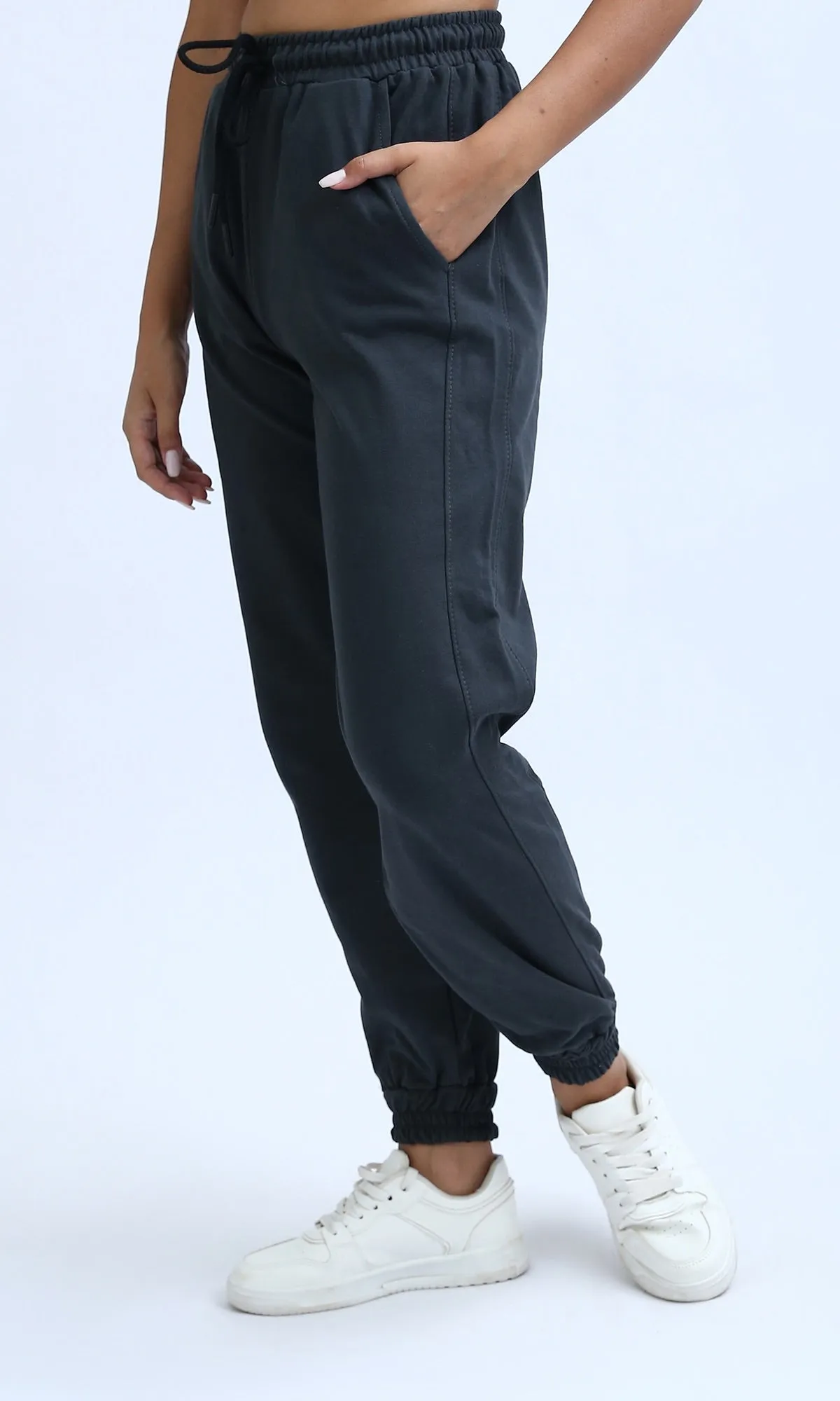 O198862 - Solid Jogger Pants With Elastic Waist - Dark Grey