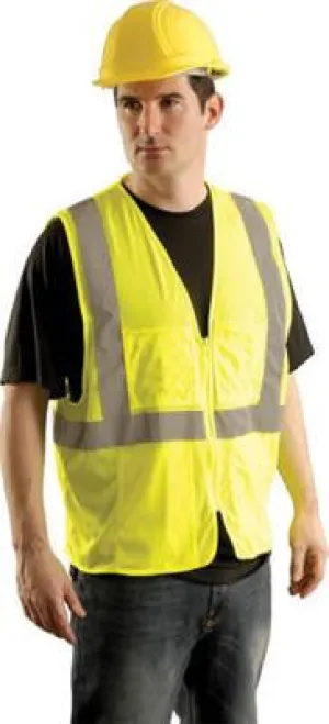 OccuNomix Small - Medium Yellow OccuLux Lightweight Mesh Class 2 Economy Surveyor's Vest With Zipper Front Closure, 2" Silver Reflective Tape Striping And 12 Pockets
