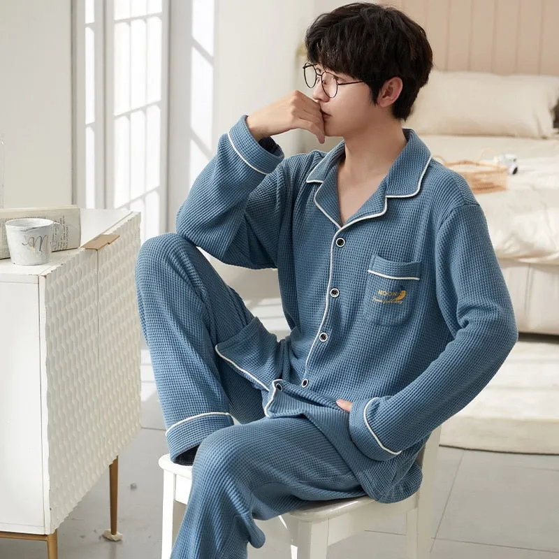 Pajama Sets for Men Turn-Down Collar Long Sleeve Men Winter Pajamas Cotton