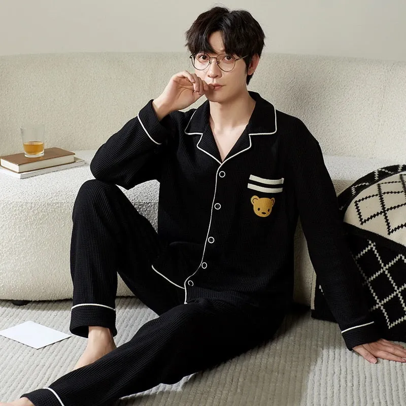 Pajama Sets for Men Turn-Down Collar Long Sleeve Men Winter Pajamas Cotton