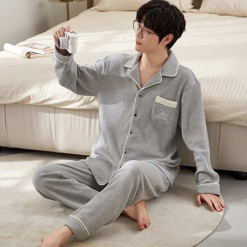 Pajama Sets for Men Turn-Down Collar Long Sleeve Men Winter Pajamas Cotton