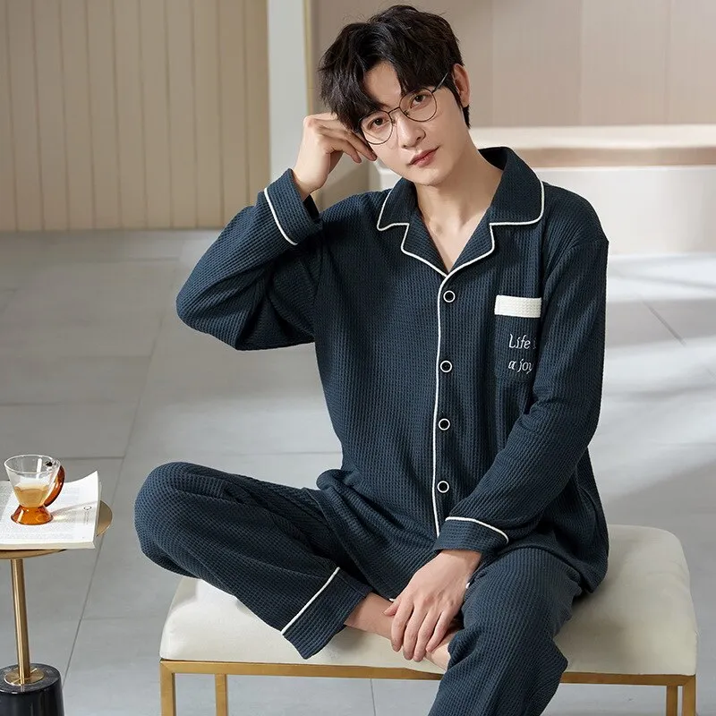 Pajama Sets for Men Turn-Down Collar Long Sleeve Men Winter Pajamas Cotton