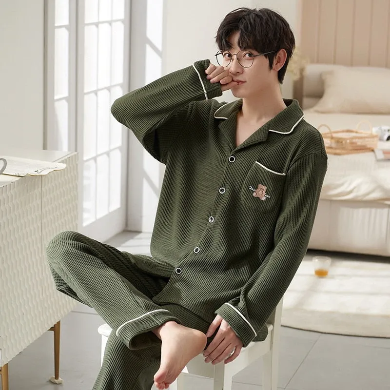 Pajama Sets for Men Turn-Down Collar Long Sleeve Men Winter Pajamas Cotton