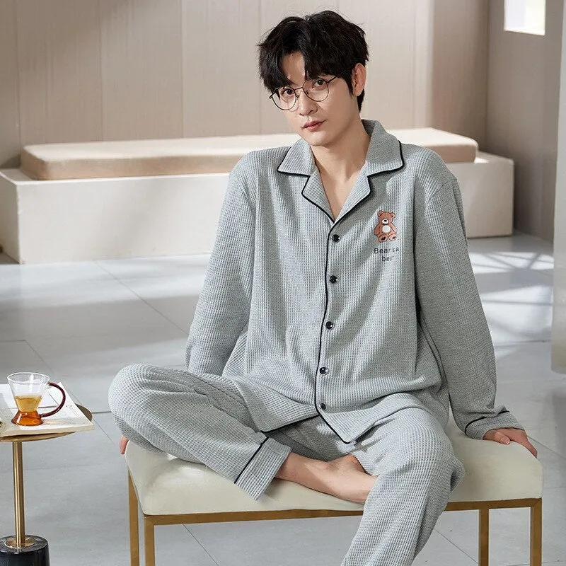 Pajama Sets for Men Turn-Down Collar Long Sleeve Men Winter Pajamas Cotton