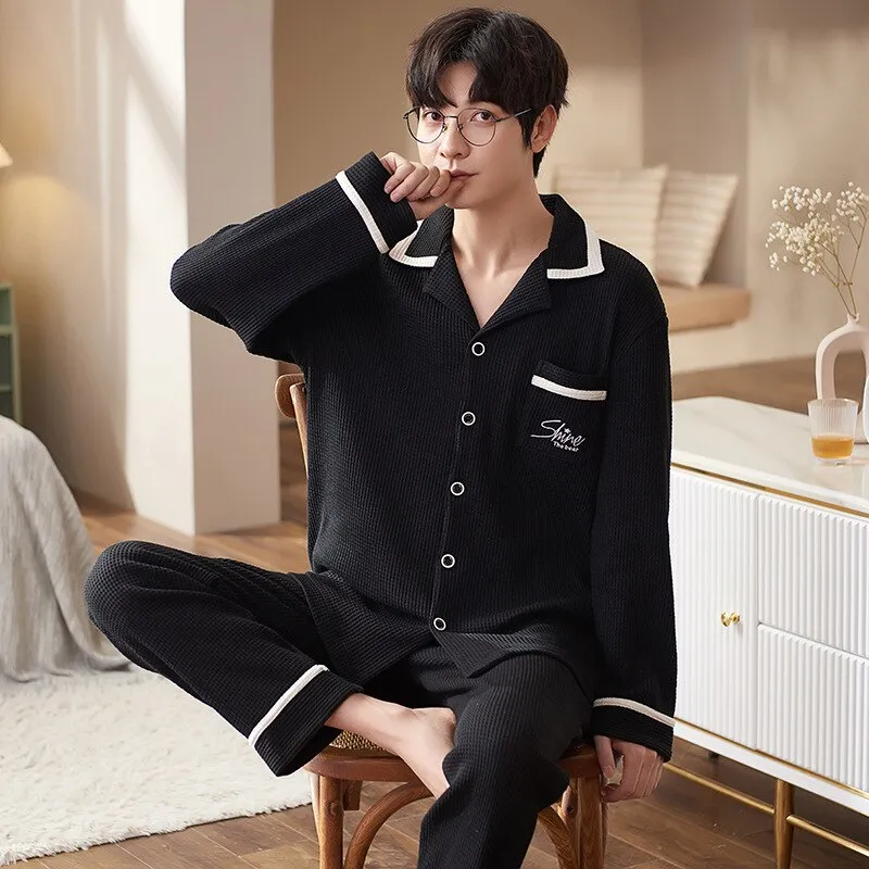 Pajama Sets for Men Turn-Down Collar Long Sleeve Men Winter Pajamas Cotton