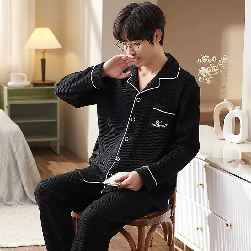 Pajama Sets for Men Turn-Down Collar Long Sleeve Men Winter Pajamas Cotton