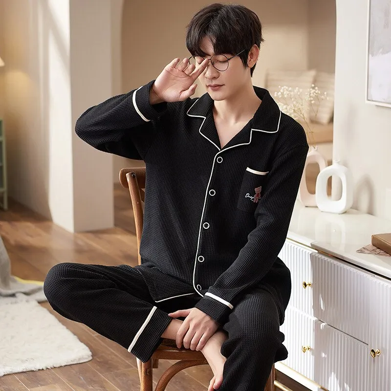 Pajama Sets for Men Turn-Down Collar Long Sleeve Men Winter Pajamas Cotton