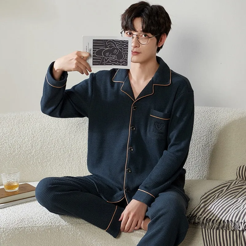 Pajama Sets for Men Turn-Down Collar Long Sleeve Men Winter Pajamas Cotton