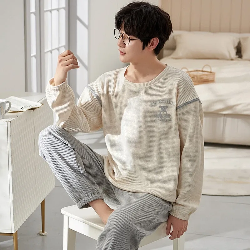 Pajama Sets for Men Turn-Down Collar Long Sleeve Men Winter Pajamas Cotton