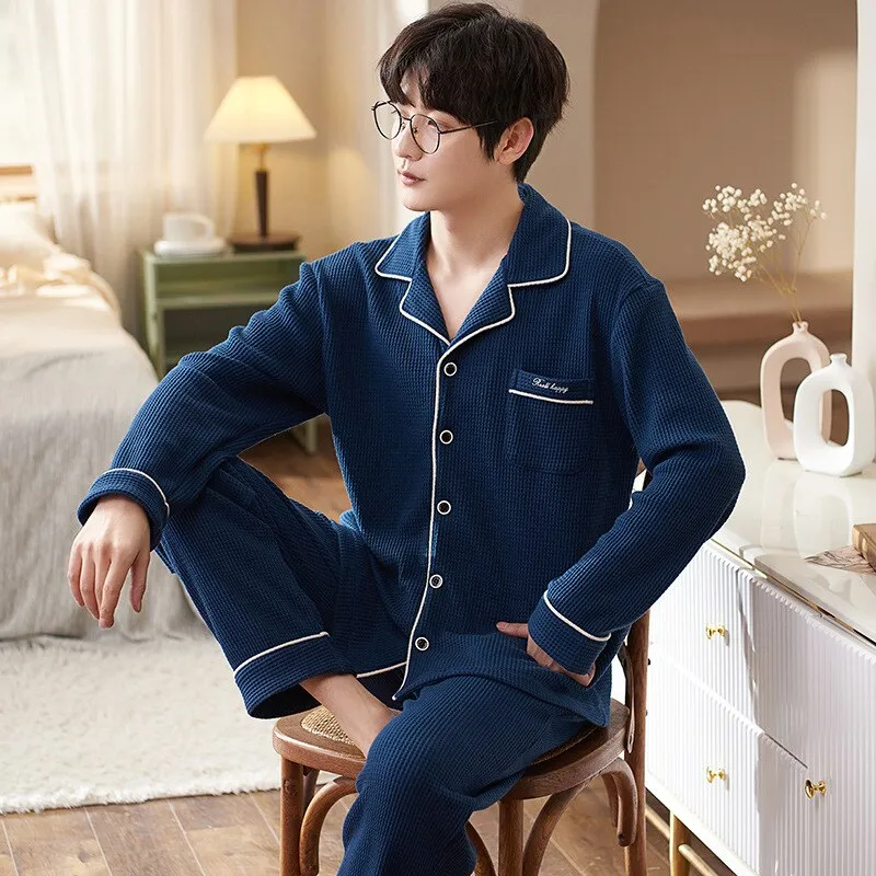 Pajama Sets for Men Turn-Down Collar Long Sleeve Men Winter Pajamas Cotton