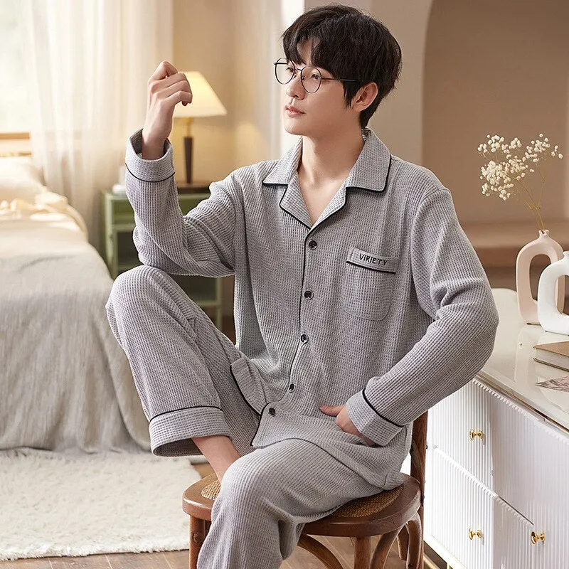Pajama Sets for Men Turn-Down Collar Long Sleeve Men Winter Pajamas Cotton