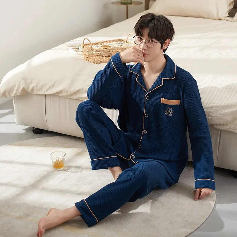 Pajama Sets for Men Turn-Down Collar Long Sleeve Men Winter Pajamas Cotton
