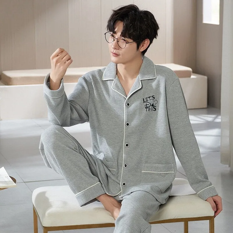 Pajama Sets for Men Turn-Down Collar Long Sleeve Men Winter Pajamas Cotton