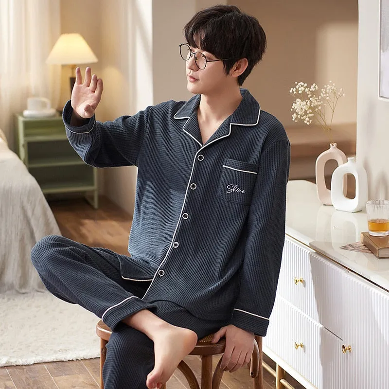 Pajama Sets for Men Turn-Down Collar Long Sleeve Men Winter Pajamas Cotton