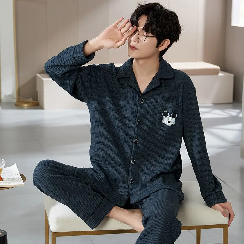 Pajama Sets for Men Turn-Down Collar Long Sleeve Men Winter Pajamas Cotton