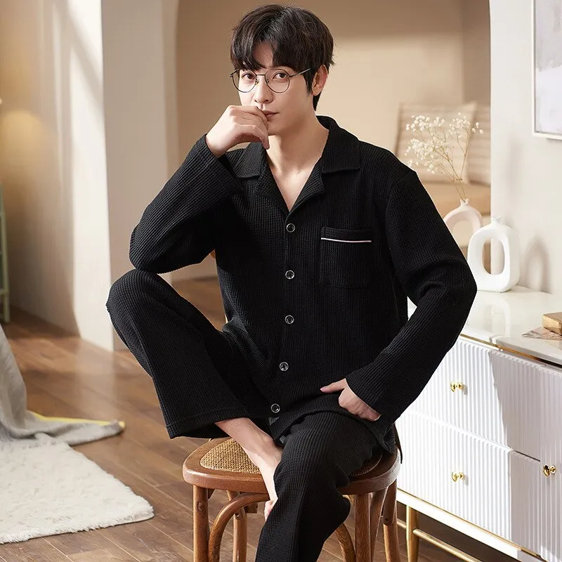 Pajama Sets for Men Turn-Down Collar Long Sleeve Men Winter Pajamas Cotton
