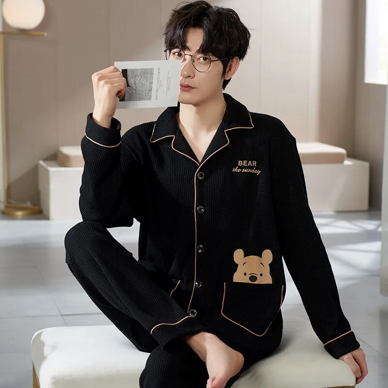 Pajama Sets for Men Turn-Down Collar Long Sleeve Men Winter Pajamas Cotton