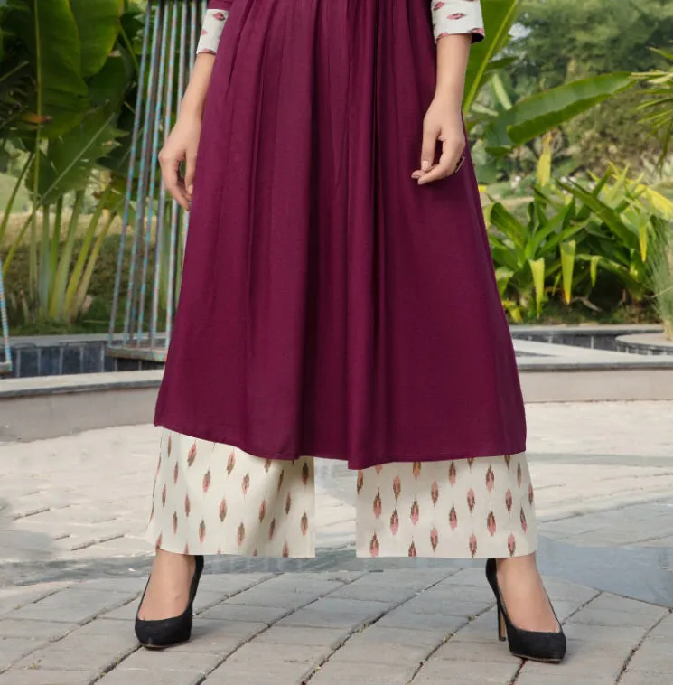 Pleasing Purple Yoke Printed Cotton Kurti With Cotton Palazzo