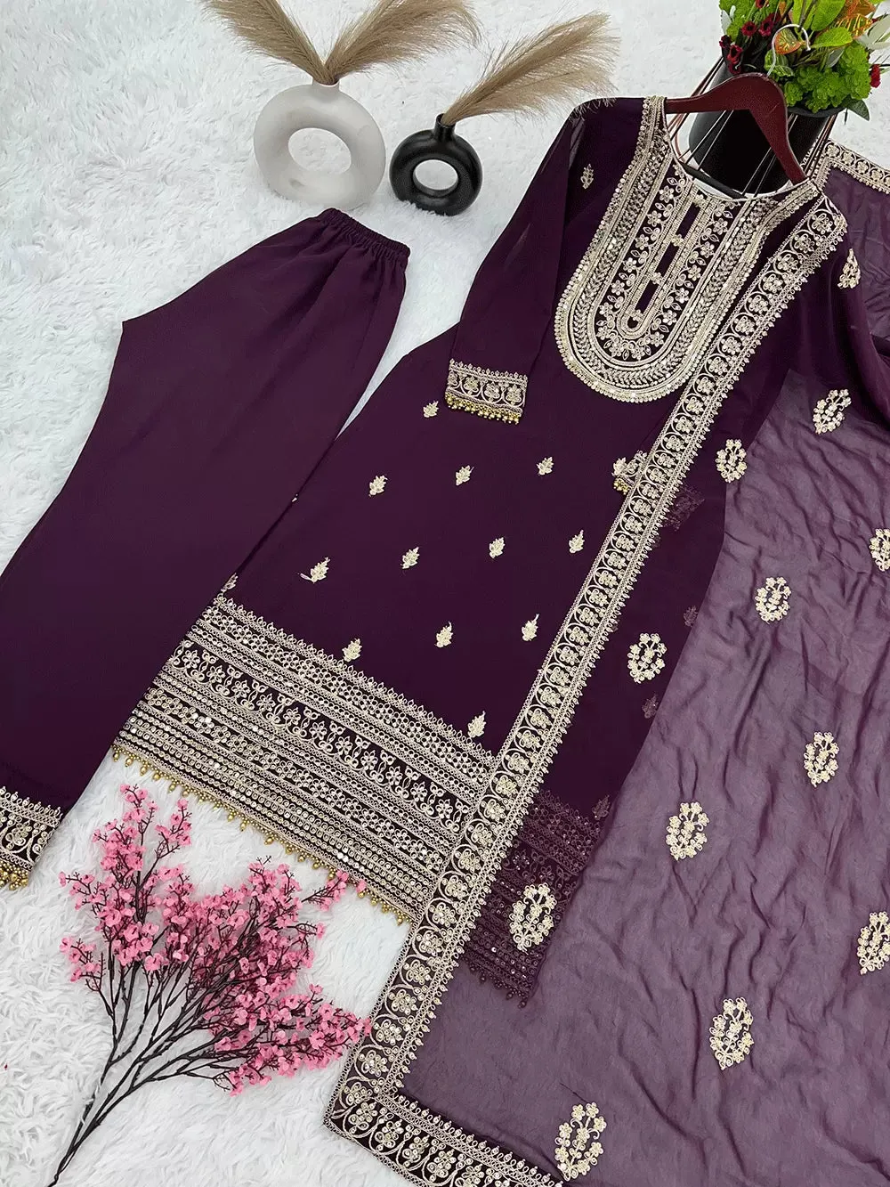 Pretty Purple Color Heavy Faux Georgette Palazzo Suits With Heavy Embroidery Work