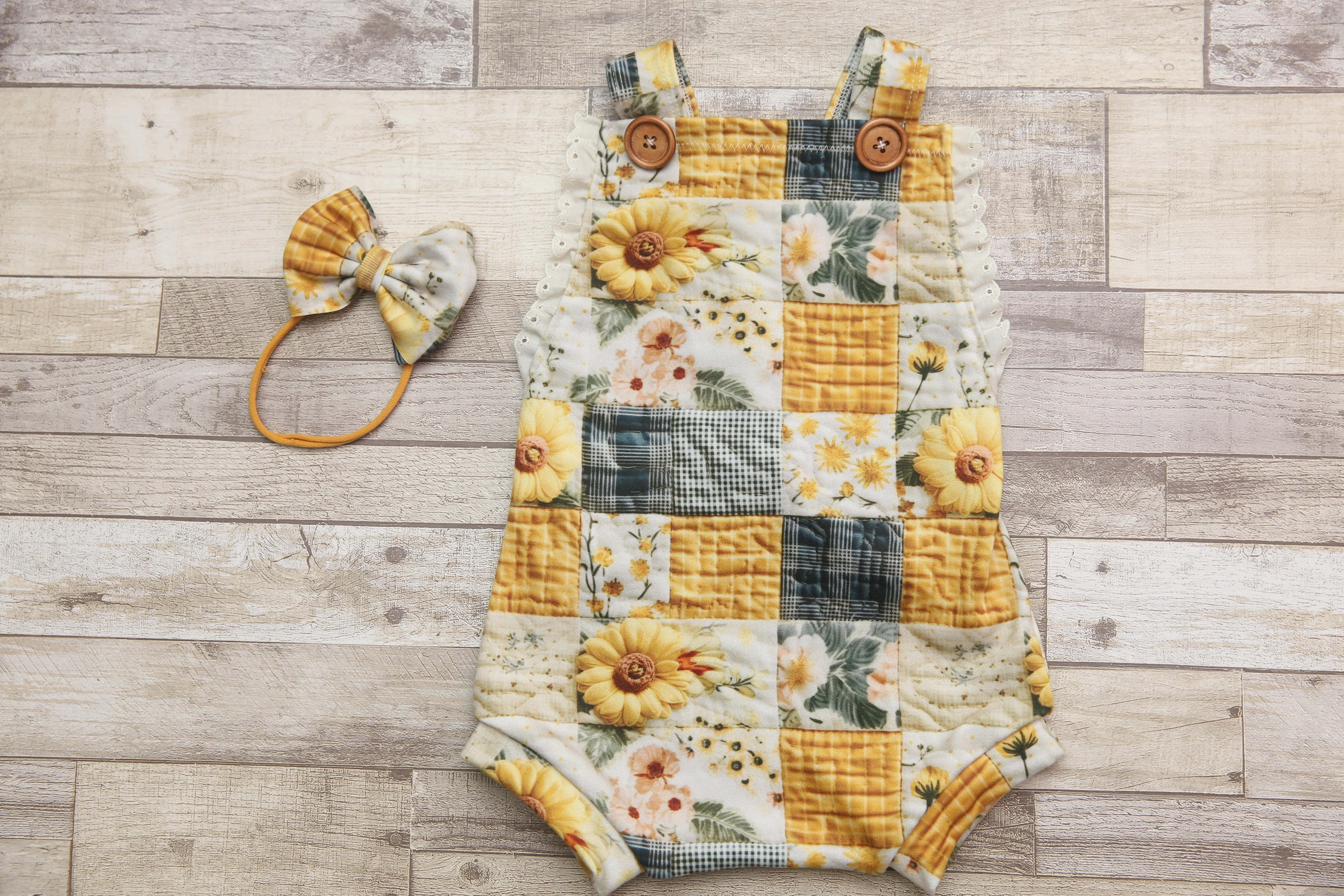 "Quilted" Graham Suspenders-Sitter Size- Sunflowers- READY TO SHIP