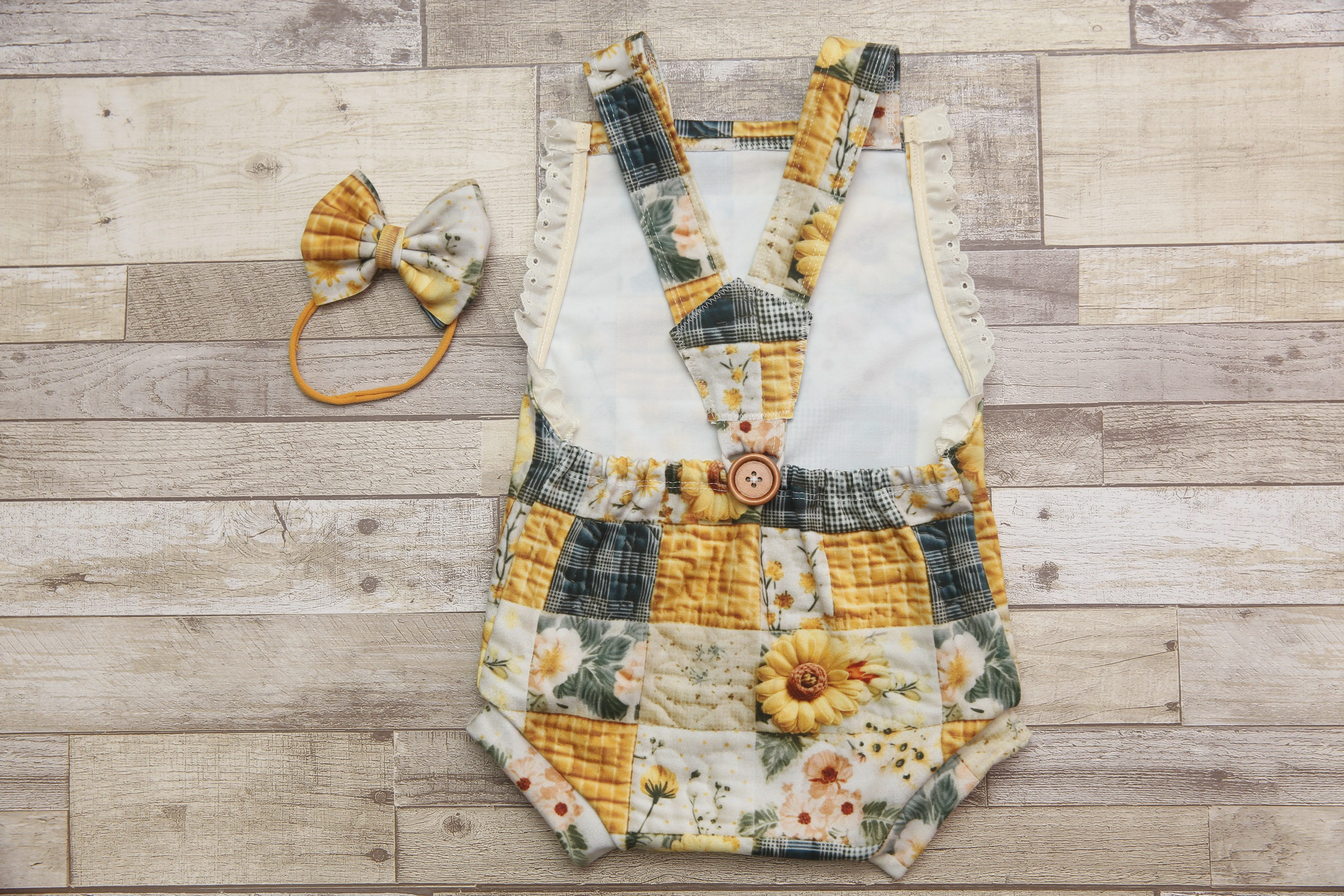 "Quilted" Graham Suspenders-Sitter Size- Sunflowers- READY TO SHIP