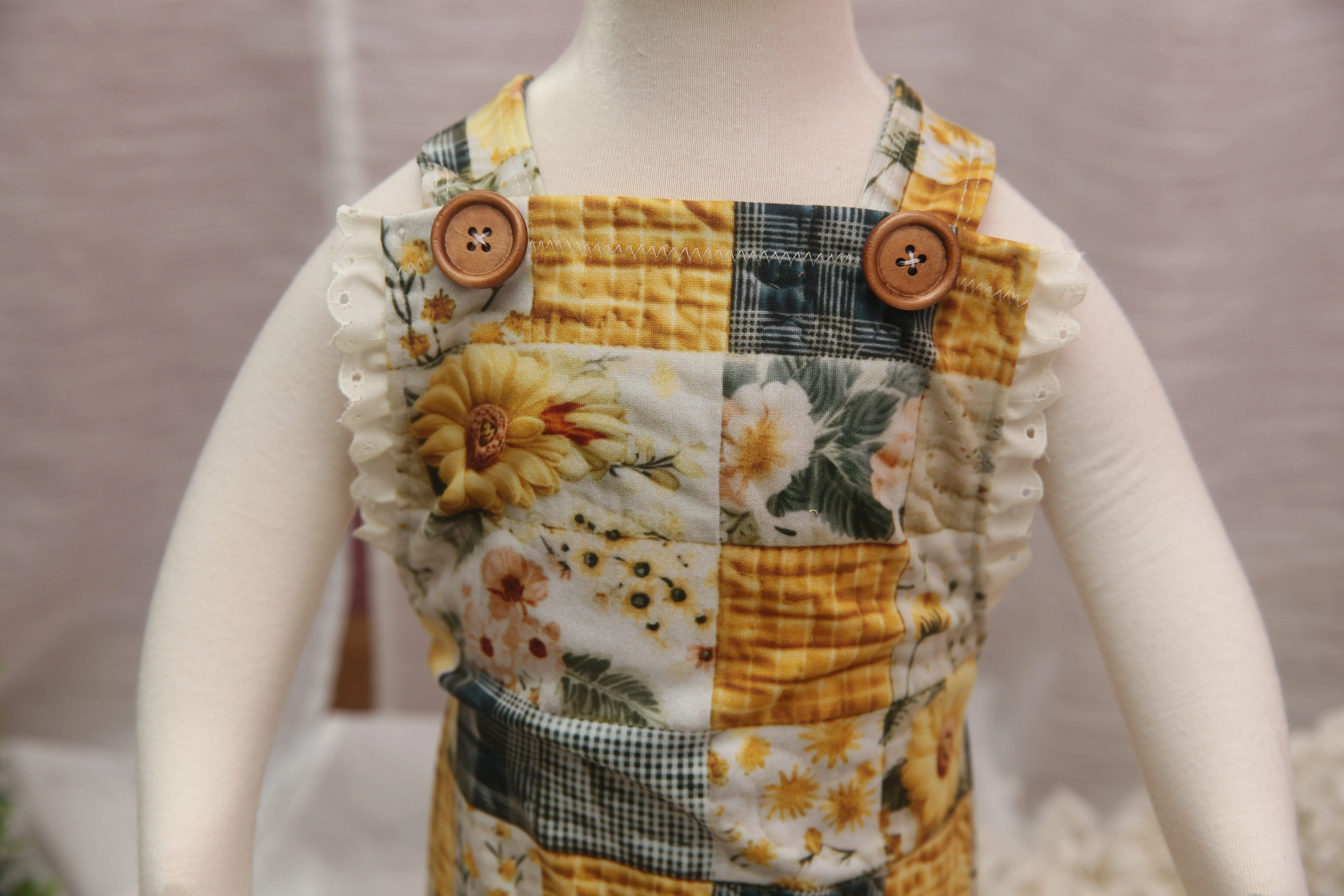 "Quilted" Graham Suspenders-Sitter Size- Sunflowers- READY TO SHIP