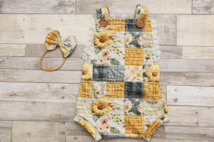"Quilted" Graham Suspenders-Sitter Size- Sunflowers- READY TO SHIP
