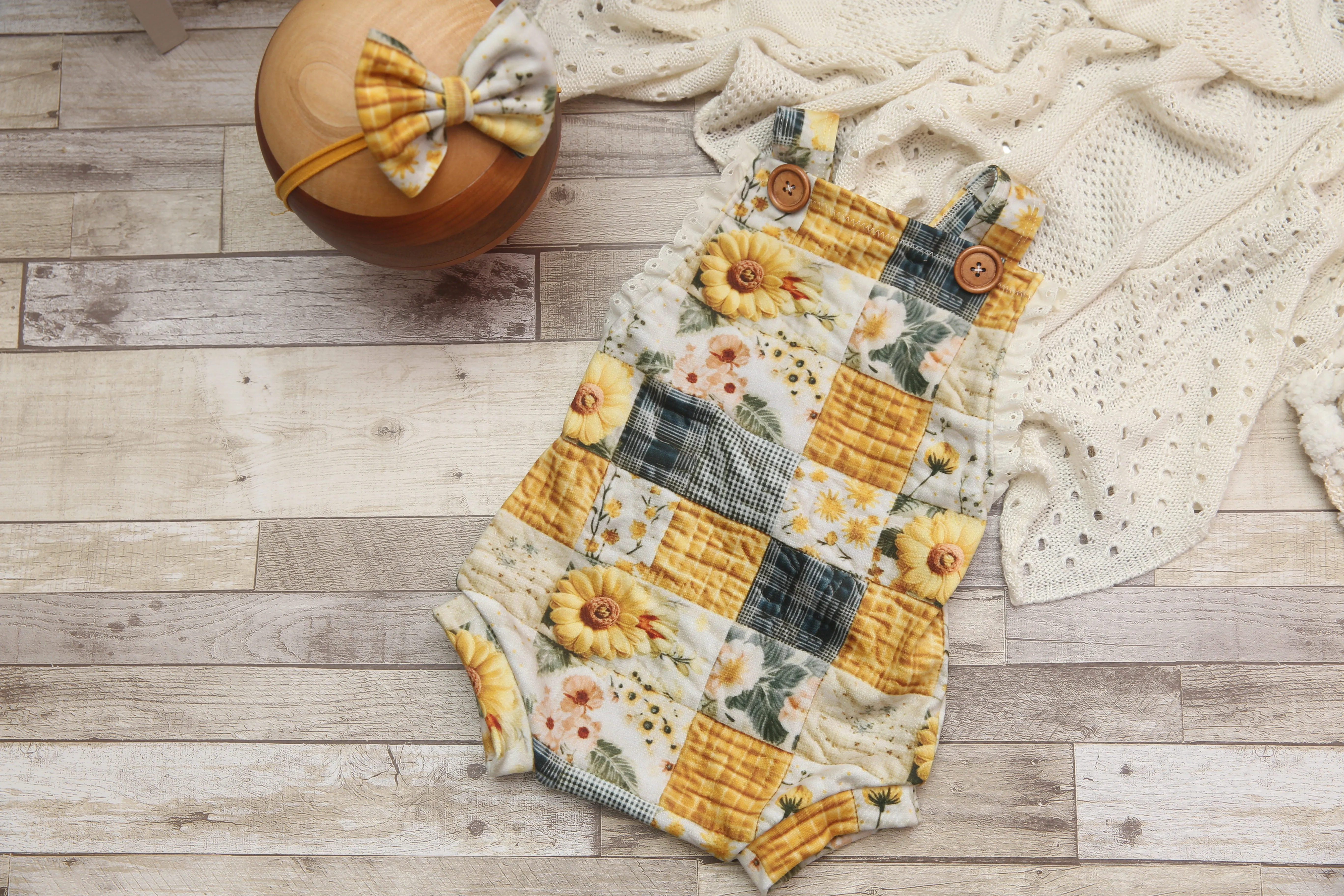 "Quilted" Graham Suspenders-Sitter Size- Sunflowers- READY TO SHIP