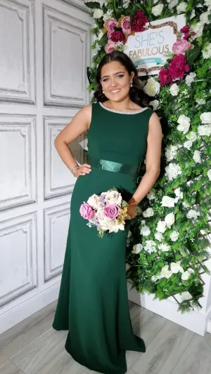 Sienna Forest Green Pearl Neck And Belt Plain & Elegant Bridesmaids Dress