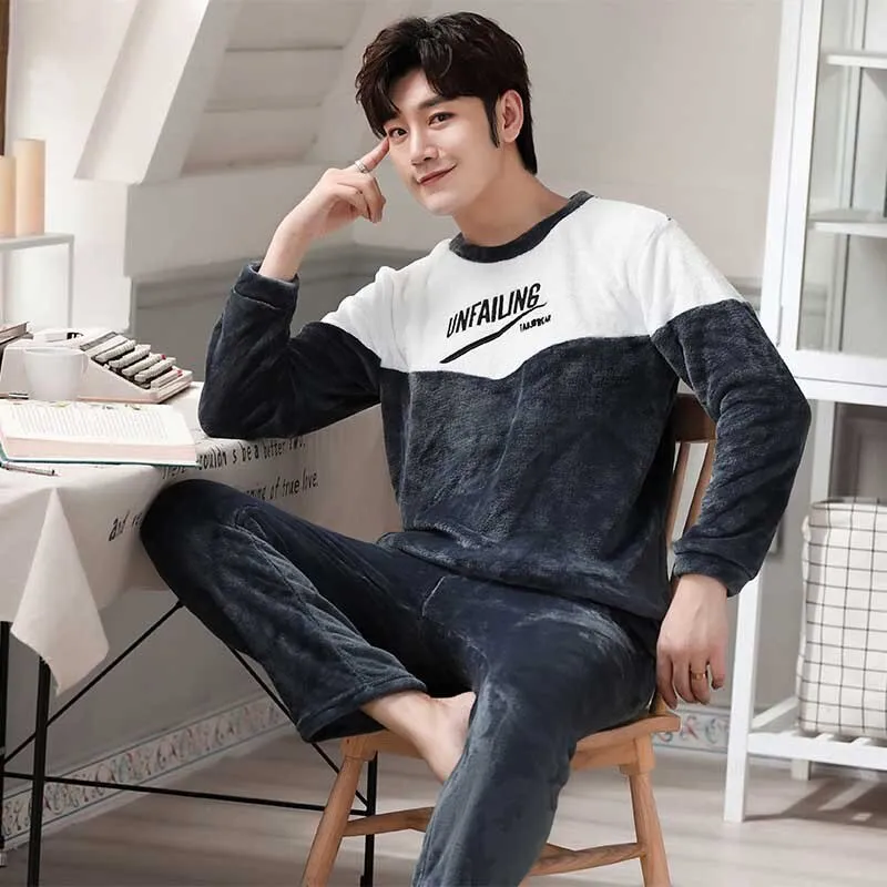 Thicken Warm Pajamas Set Male Long Sleeved Cartoon Men Home