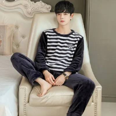 Thicken Warm Pajamas Set Male Long Sleeved Cartoon Men Home