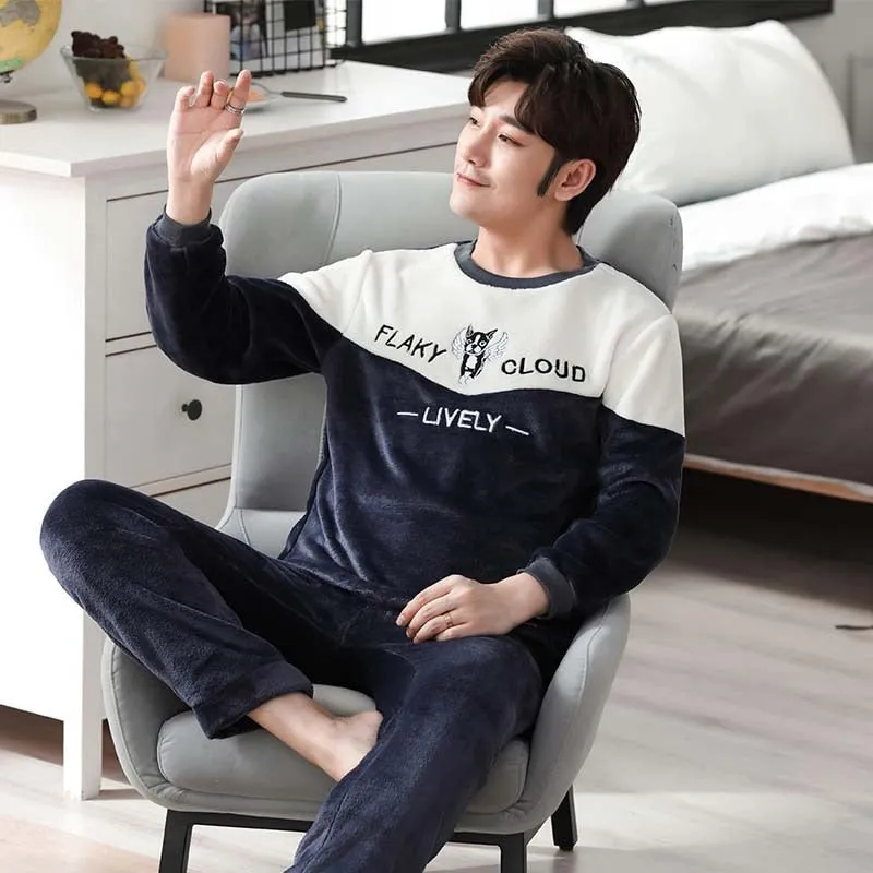 Thicken Warm Pajamas Set Male Long Sleeved Cartoon Men Home