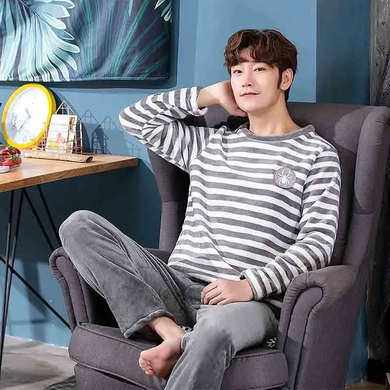 Thicken Warm Pajamas Set Male Long Sleeved Cartoon Men Home