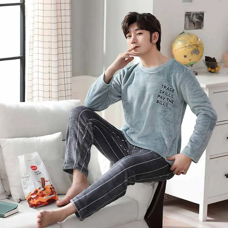 Thicken Warm Pajamas Set Male Long Sleeved Cartoon Men Home