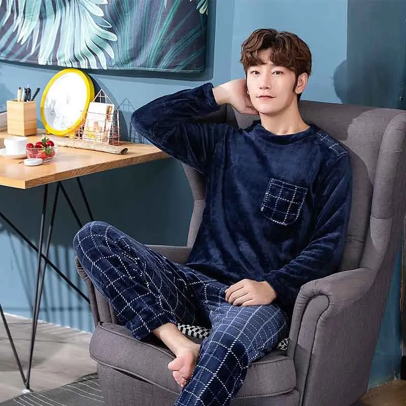 Thicken Warm Pajamas Set Male Long Sleeved Cartoon Men Home