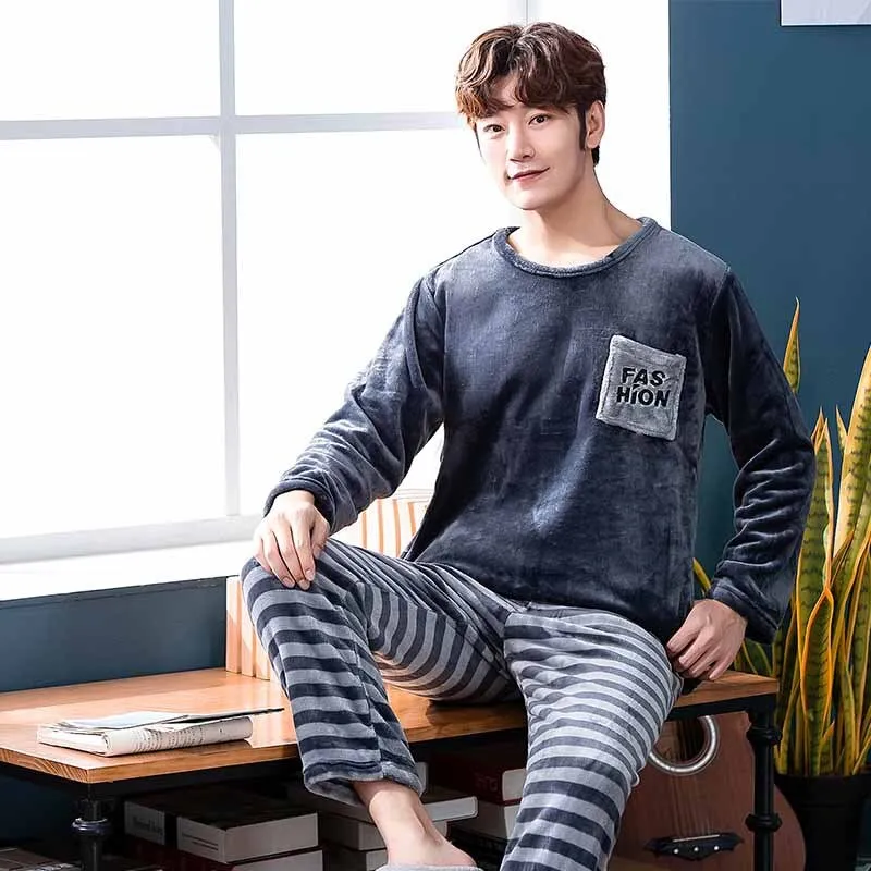 Thicken Warm Pajamas Set Male Long Sleeved Cartoon Men Home
