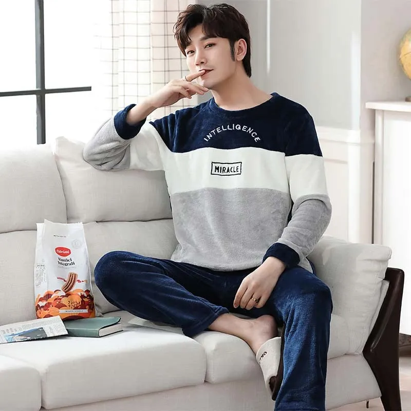 Thicken Warm Pajamas Set Male Long Sleeved Cartoon Men Home