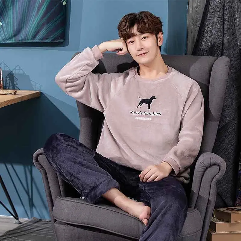 Thicken Warm Pajamas Set Male Long Sleeved Cartoon Men Home