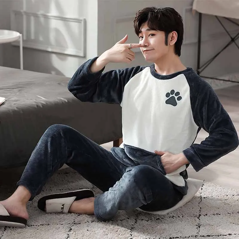 Thicken Warm Pajamas Set Male Long Sleeved Cartoon Men Home