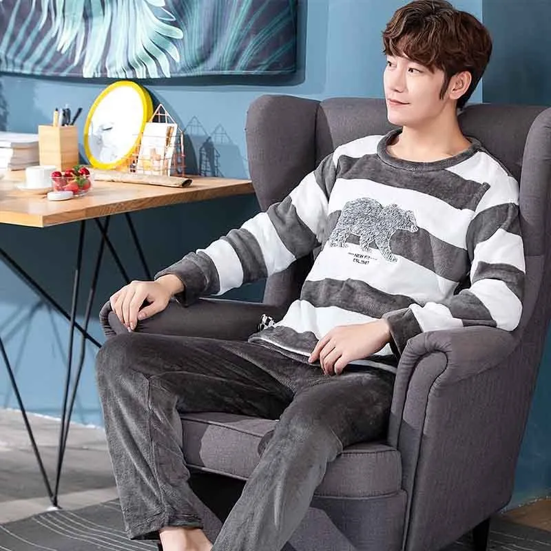 Thicken Warm Pajamas Set Male Long Sleeved Cartoon Men Home