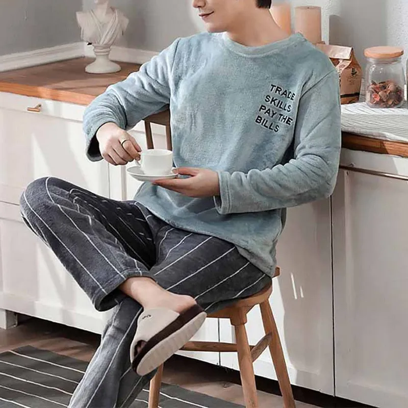 Thicken Warm Pajamas Set Male Long Sleeved Cartoon Men Home